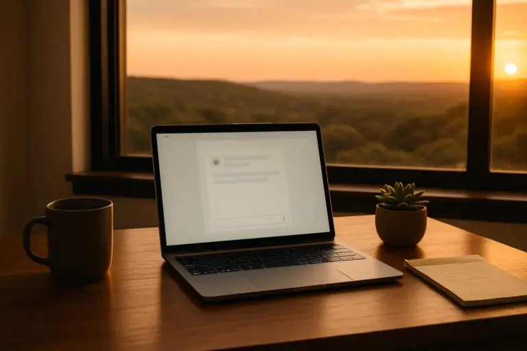 Modern home office desk with open laptop showing AI chat interface, coffee mug, and Texas Hill Country landscape visible through window at sunset
