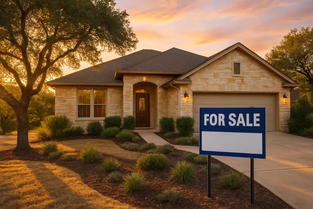 Hill Country limestone home at sunrise with a real estate for sale sign in the front yard in Austin Texas