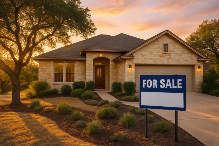 Hill Country limestone home at sunrise with a real estate for sale sign in the front yard in Austin Texas
