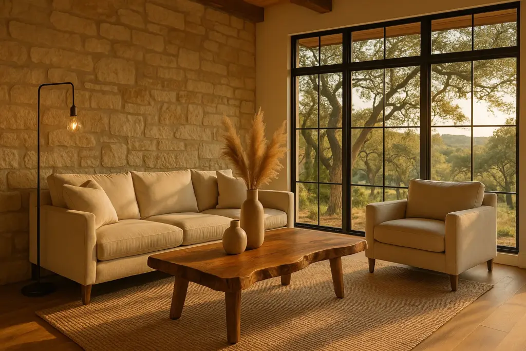 Staged Hill Country home living room with limestone accent wall, linen sofa, and warm natural light