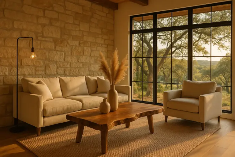 Staged Hill Country home living room with limestone accent wall, linen sofa, and warm natural light