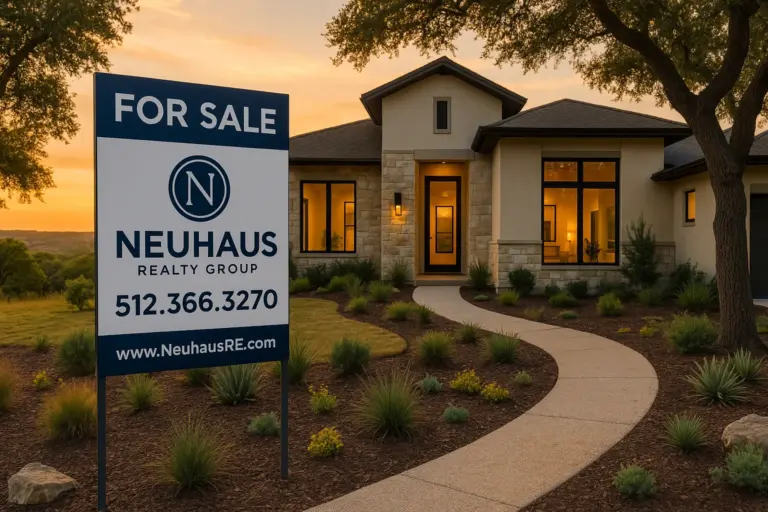 Austin Hill Country home exterior at golden hour with Neuhaus Realty Group for sale sign showing home value in Bee Cave Texas
