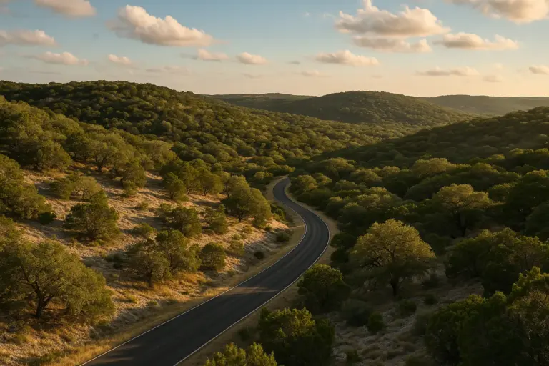 Rolling Hill Country landscape near Bee Cave Texas with live oak trees and limestone terrain