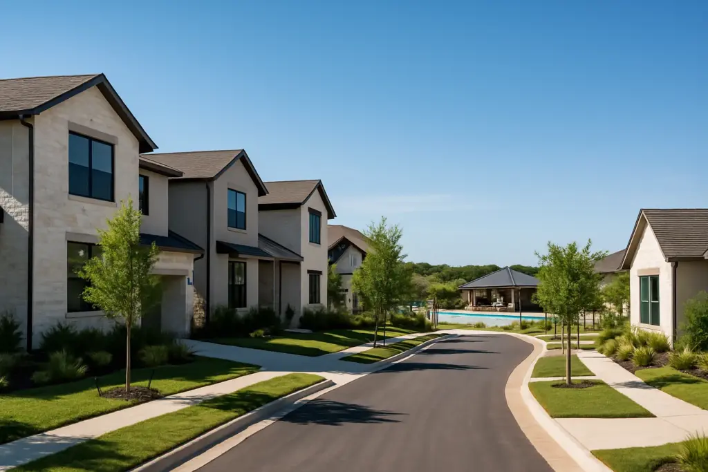 Modern homes and resort pool in Provence master planned community in Bee Cave Texas