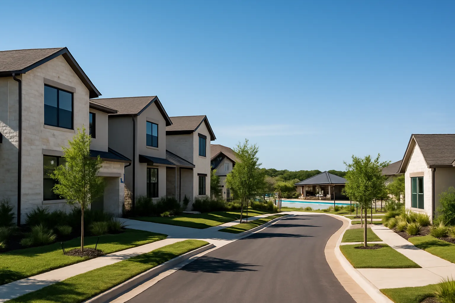 Modern homes and resort pool in Provence master planned community in Bee Cave Texas