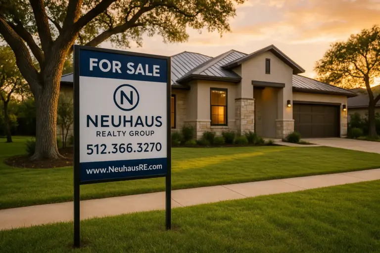 Neuhaus Realty Group For Sale sign in front of a modern Texas Hill Country home at golden hour