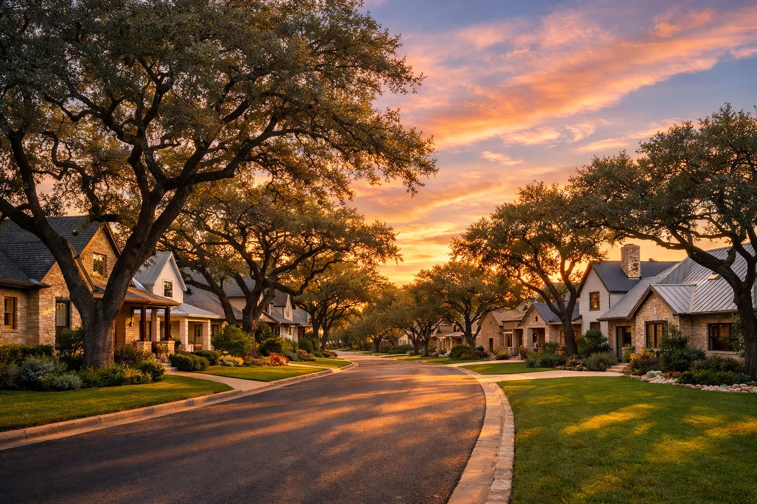 Austin Texas Hill Country neighborhood with limestone homes and live oak trees at golden hour sunset