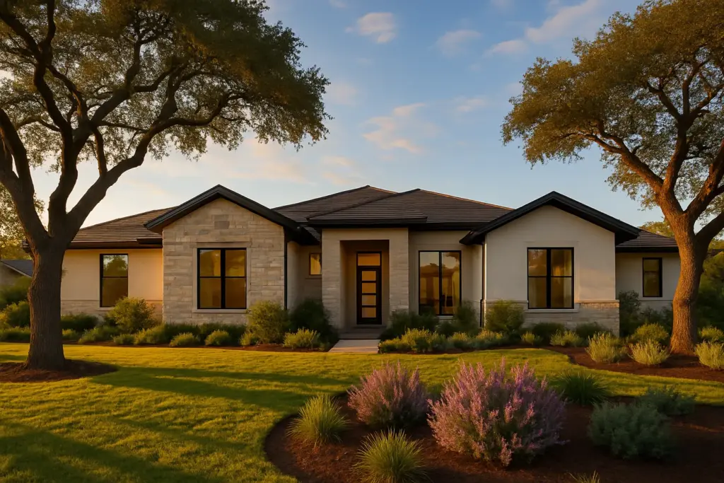Modern Texas Hill Country home with stone and stucco exterior surrounded by live oaks and native landscaping at golden hour sunset