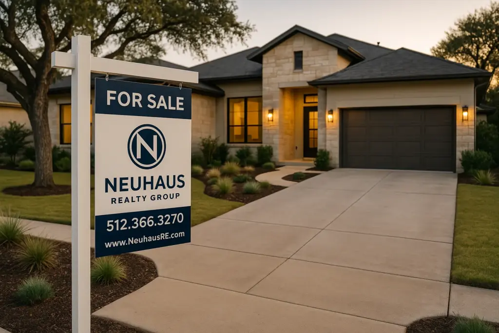 Texas Hill Country home with Neuhaus Realty Group for-sale sign at golden hour
