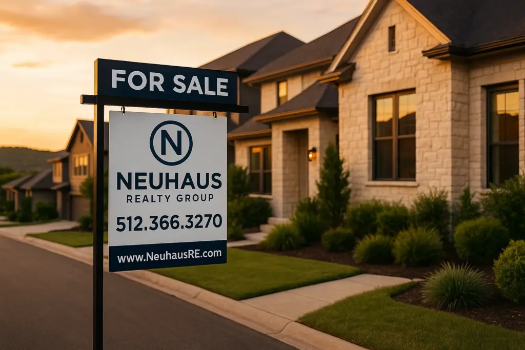 Neuhaus Realty Group branded for sale sign in front of a limestone Austin Texas home with Hill Country hills in the background at golden hour