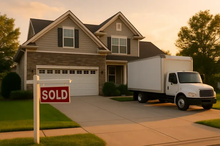 American suburban home with SOLD sign and moving truck in driveway at golden hour representing mortgage portability and homeowner mobility