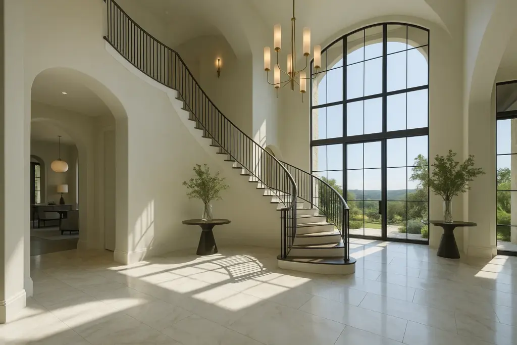 Luxury home interior with grand foyer, marble floors, and floor-to-ceiling windows representing multi-million dollar private exclusive listing properties in Austin Texas