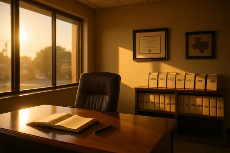 Empty real estate office desk at golden hour with Texas Hill Country view through the window