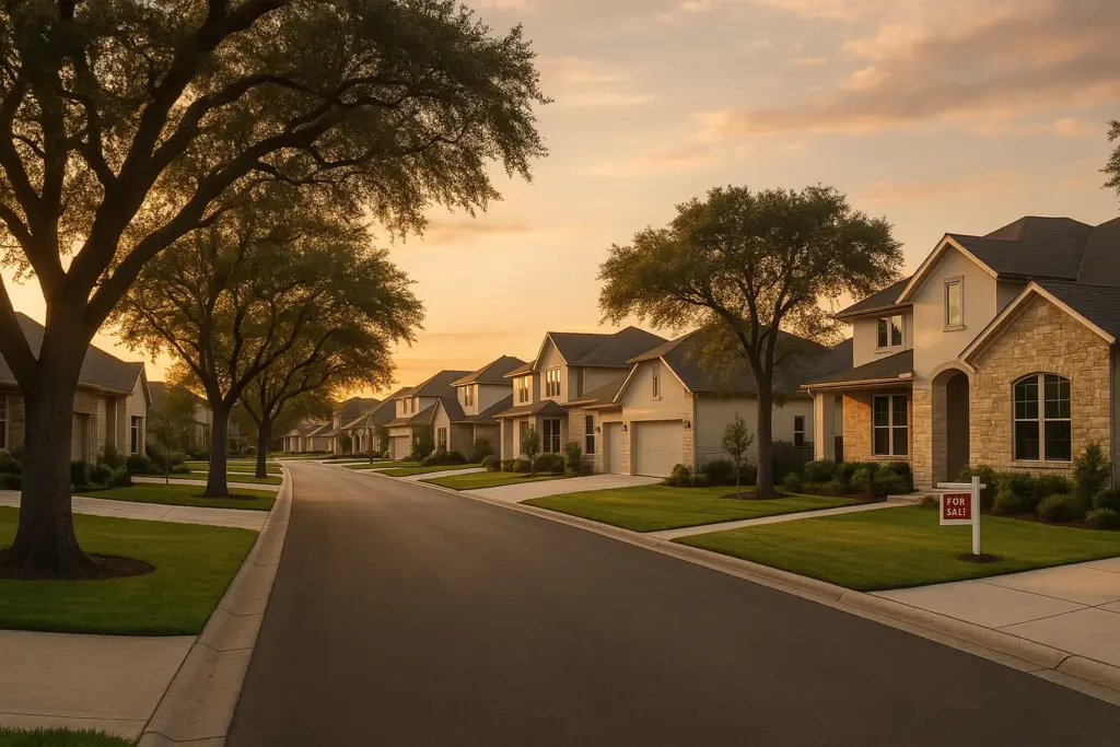 Austin Texas suburban neighborhood street lined with live oak trees and stone homes at golden hour sunset, illustrating the rent vs buy decision in 2026