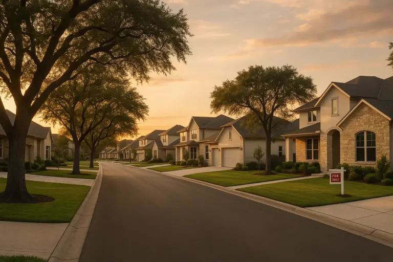 Austin Texas suburban neighborhood street lined with live oak trees and stone homes at golden hour sunset, illustrating the rent vs buy decision in 2026