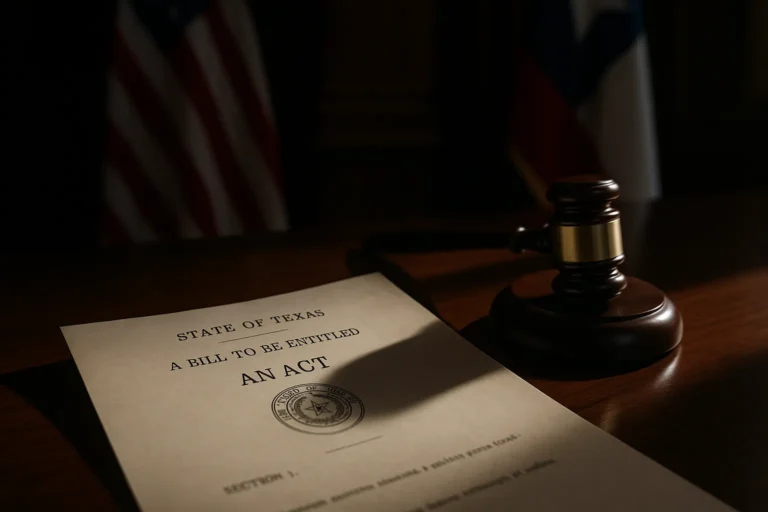 Official Texas state legislature bill document with seal and gavel on polished desk with Texas flag