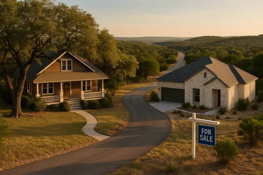 Two homes connected by a winding road in the Texas Hill Country at golden hour, showing the journey of selling one Austin home and buying another