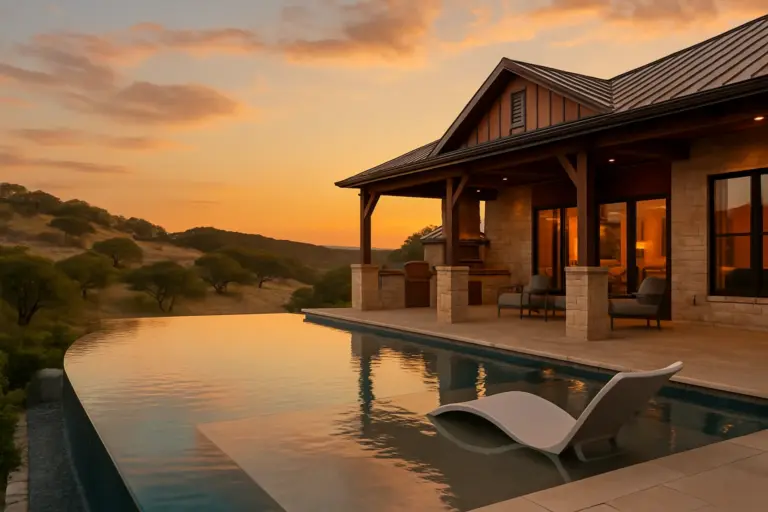 Custom Hill Country home with infinity pool and outdoor kitchen overlooking live oak covered limestone hills at golden hour