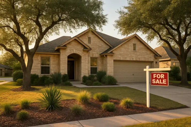 Texas home with For Sale sign in yard, limestone exterior and live oak trees in late afternoon light