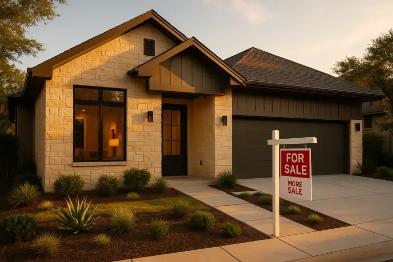 Professional photo of staged Austin home exterior with For Sale sign in front yard, warm lighting, Hill Country neighborhood setting