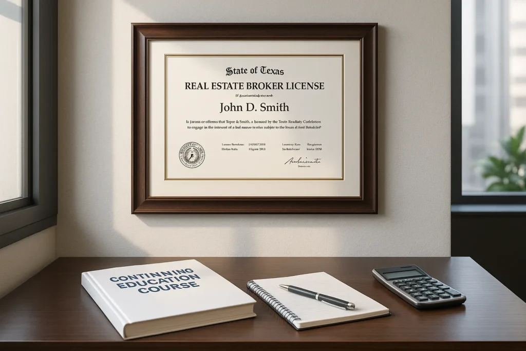 Framed Texas real estate broker license on office wall with continuing education materials on desk below