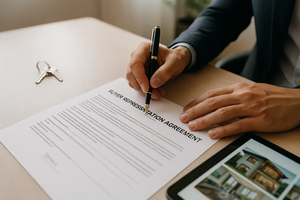 Buyer representation agreement document being signed with pen at modern real estate office desk with house keys