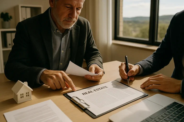 Professional real estate broker reviewing documents with agent in modern Texas office setting