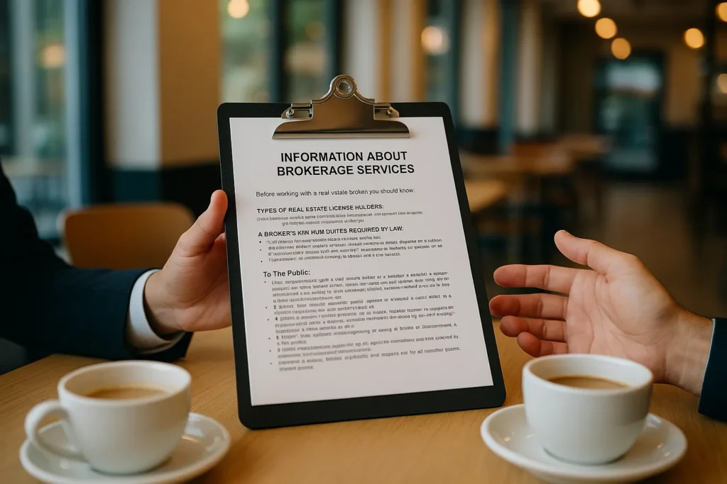 Information About Brokerage Services form on clipboard at coffee shop meeting with two cups