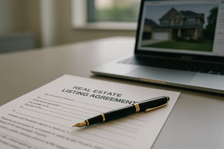 Real estate listing agreement documents on modern desk with pen and laptop showing property listing