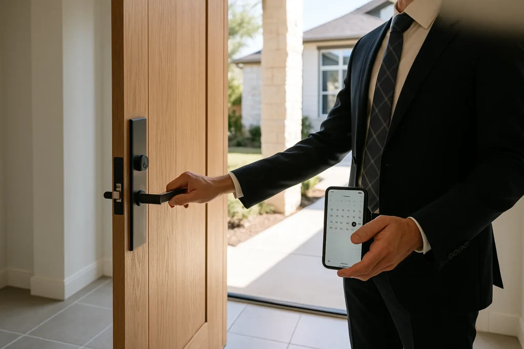 Real estate agent opening front door of modern Texas home for property showing with natural daylight