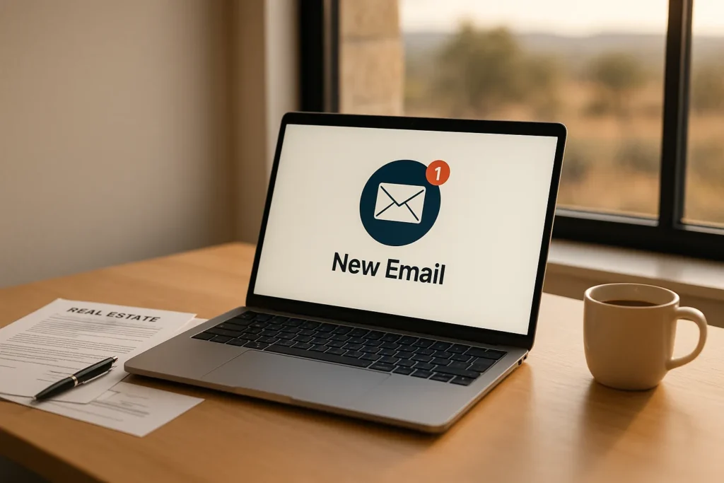Laptop showing email notification on clean desk with real estate documents and coffee in professional office