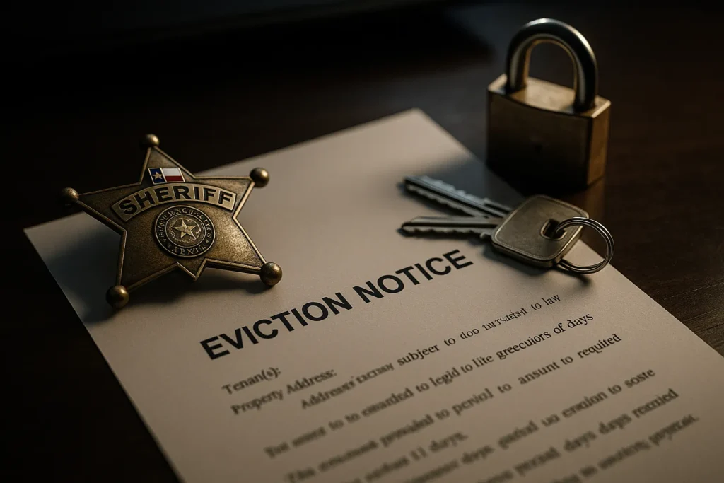 Texas sheriff badge and official eviction notice on desk with house keys and padlock