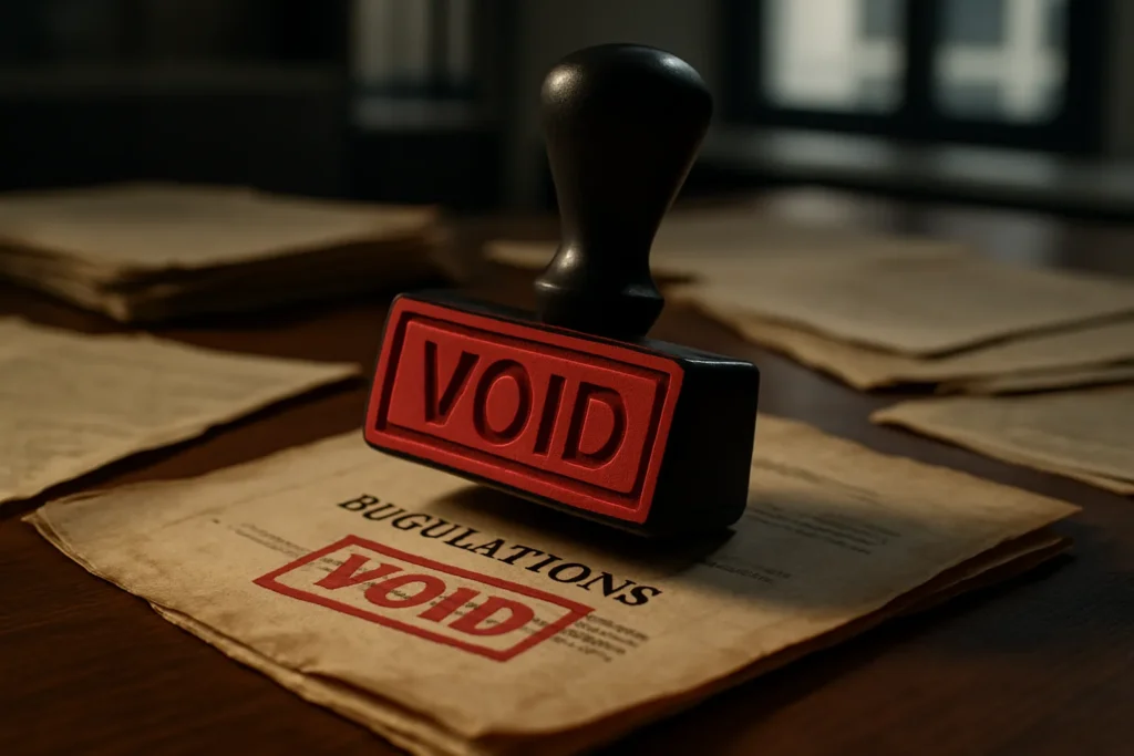 Red VOID rubber stamp pressing on old document on wooden desk with scattered outdated regulations