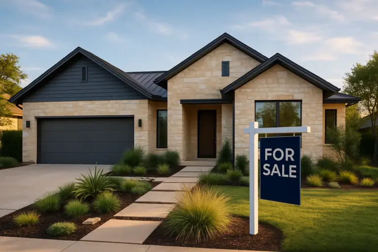 Modern Austin Texas home exterior with for-sale sign, Hill Country limestone architecture and native landscaping