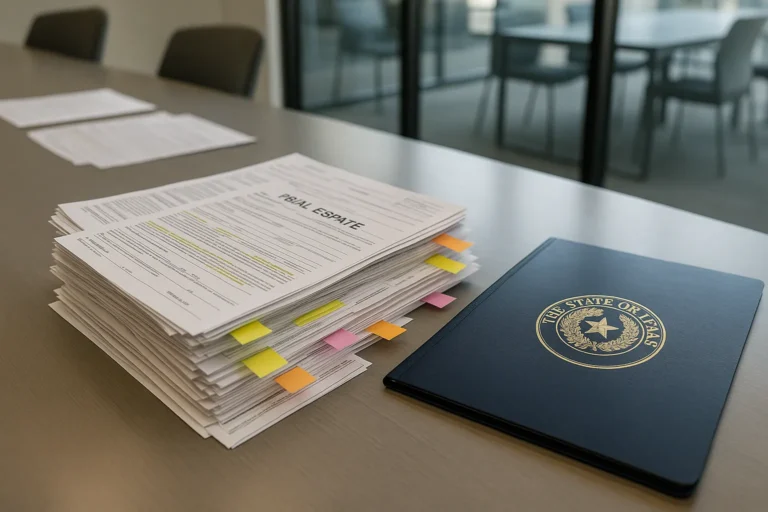 Stack of official TREC real estate forms with highlighted sections and sticky tabs on modern conference table