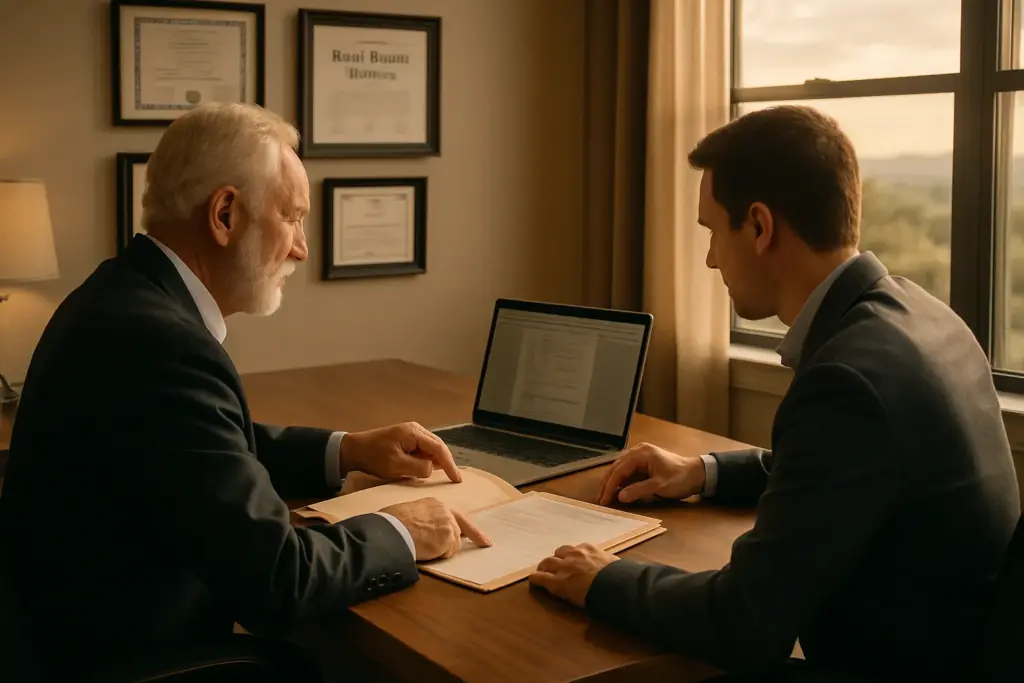 Real estate office at golden hour symbolizing agent retirement transition and client handoff in Texas