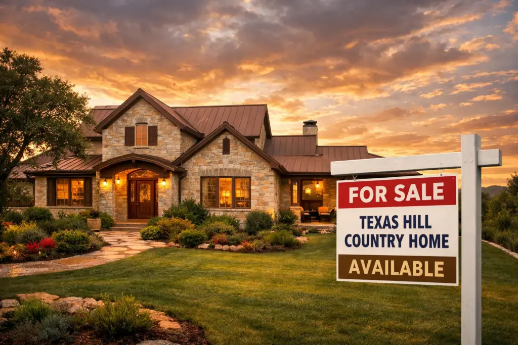 Hill Country Texas home for sale at golden hour