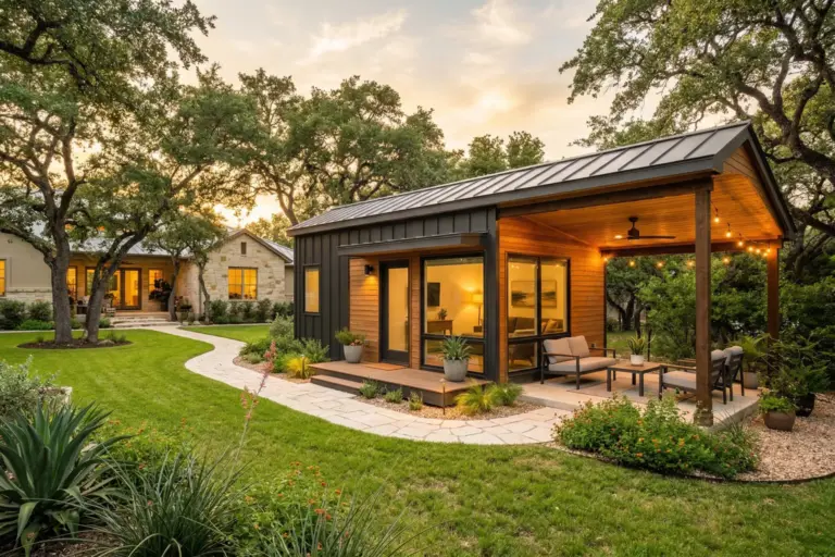 Modern accessory dwelling unit in a backyard in Austin Texas with live oak trees and limestone pathway at golden hour