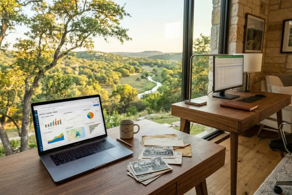 Home office desk with laptop showing real estate data analytics beside unused postcards with Texas Hill Country view through window