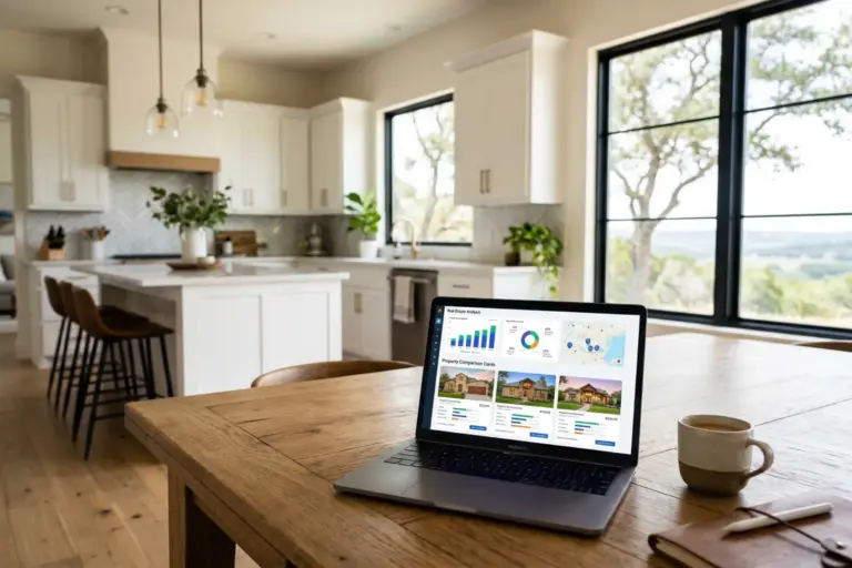 Tablet showing AI-powered real estate market analysis report with charts and property comparison cards in Austin Hill Country home