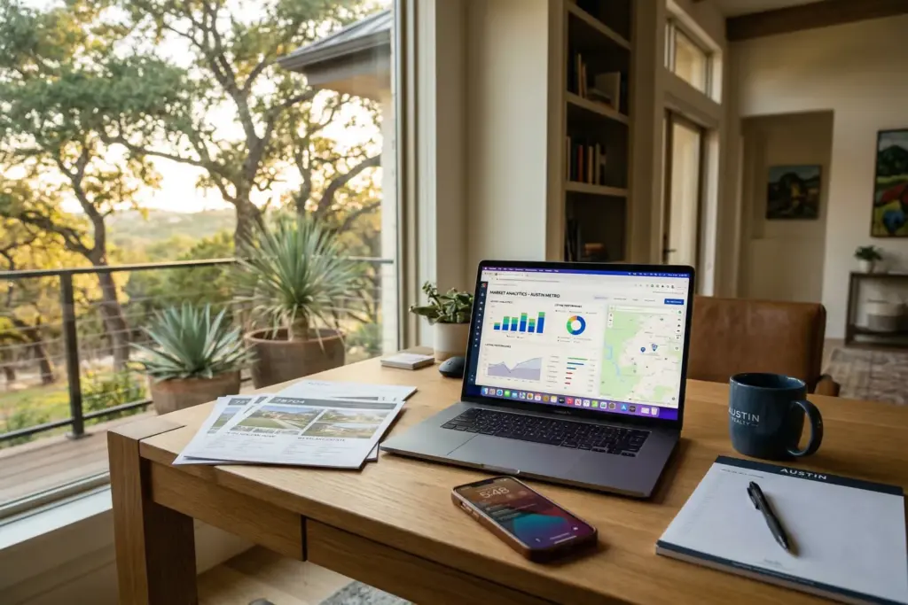 Modern real estate agent workspace with laptop showing market analytics data charts and Texas Hill Country view through window