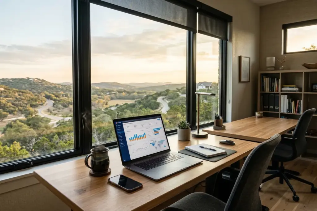 Home office desk with laptop showing data analytics, coffee cup, and Texas Hill Country landscape visible through window