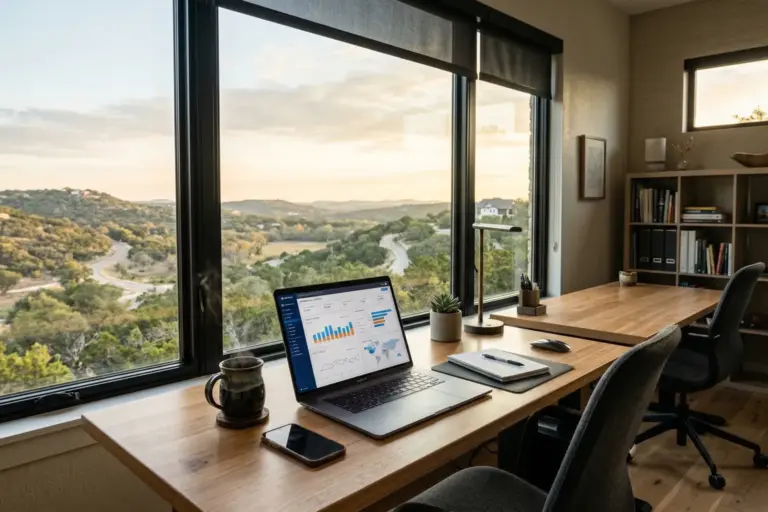Home office desk with laptop showing data analytics, coffee cup, and Texas Hill Country landscape visible through window