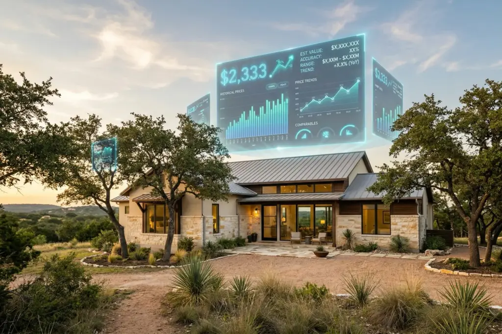 Modern Hill Country home with translucent data visualization overlays showing price estimates and accuracy metrics for AI home valuations