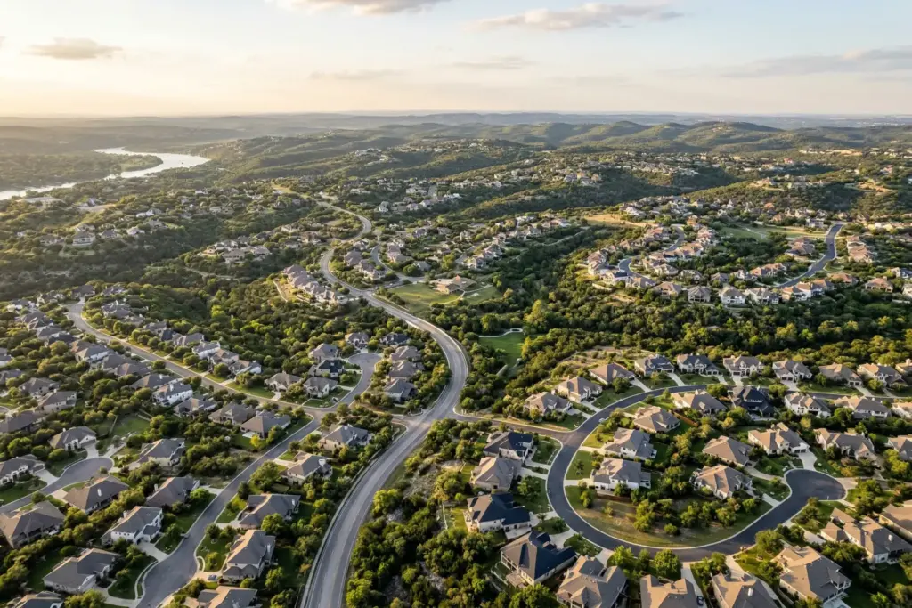Aerial view of Texas Hill Country neighborhoods and subdivisions west of Austin showing rolling green hills and residential communities at golden hour