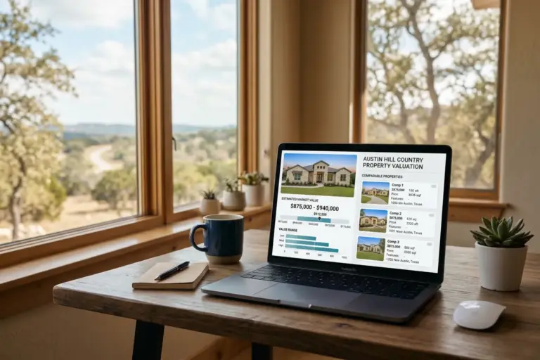 Laptop displaying an AI-powered real estate CMA dashboard with property valuation charts and comparable homes data