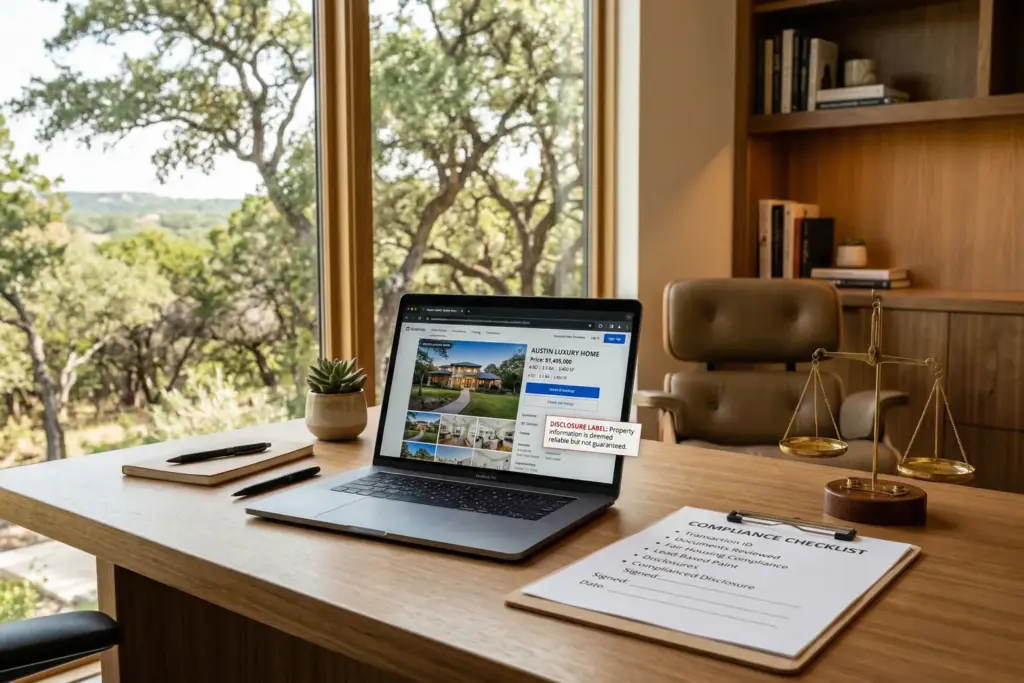 Laptop showing real estate listing disclosure with compliance checklist and balance scale on desk with Texas Hill Country view