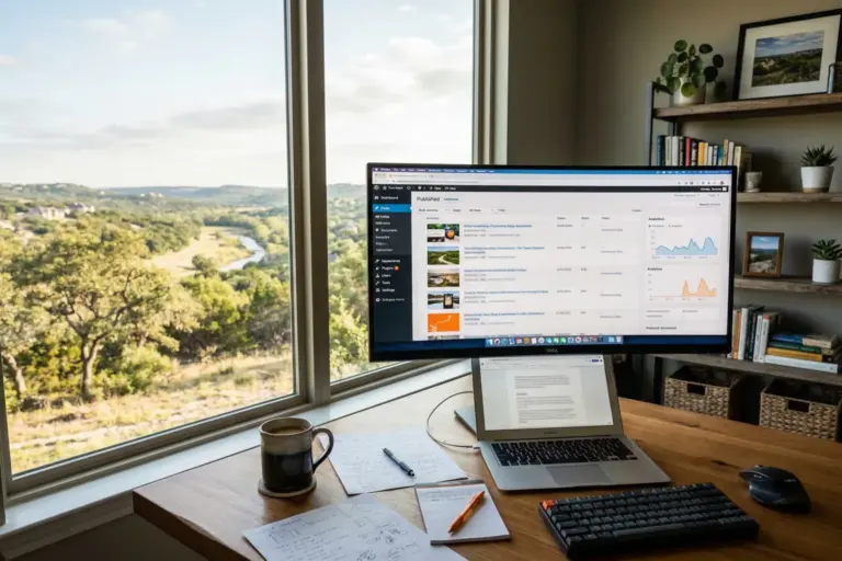 Home office desk with monitor showing blog articles and Hill Country landscape through window in Bee Cave Texas
