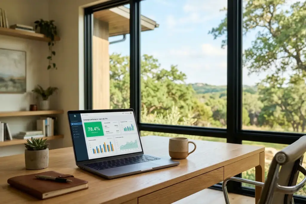 Laptop on wooden desk displaying email marketing analytics in a bright Austin Texas home office with Hill Country views