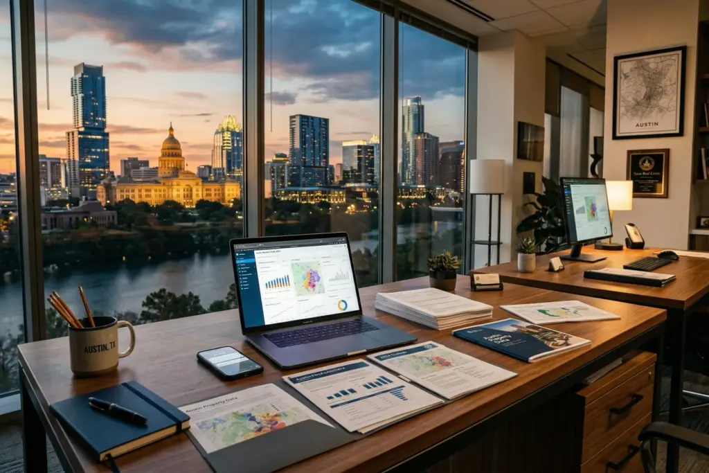 AI real estate market size concept showing technology and data analytics tools on a modern office desk